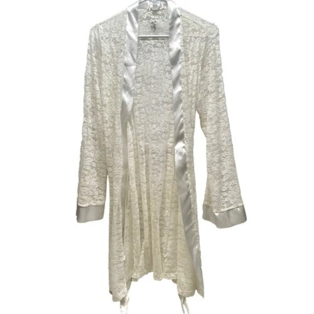 APT 9 Lace Kimono Bathrobe Women's Large White Satin Trim Belted Sheer Nightwear